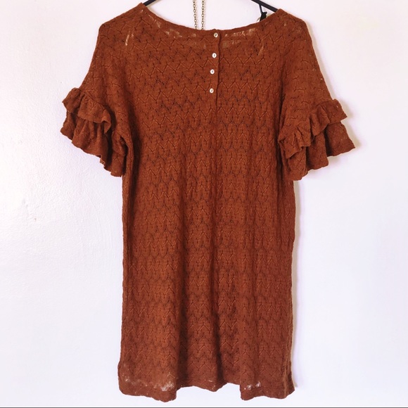 70s Style Ruffle Sleeve Rust Brown Mini Dress - Picture 4 of 7